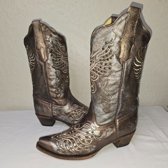 Corral Vintage Series Bronze Metallic Silver Grommet Leather Cowgirl Boots 8.5 - Picture 2 of 12